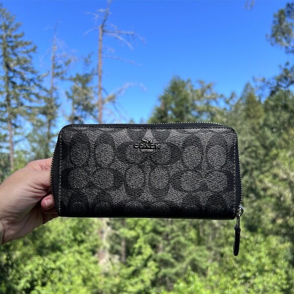 Coach Handbags - COACH Long Zip-Around Wallet Signature Metallic Black/Gray with Silver Hardware